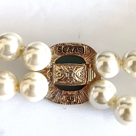 Vintage Signed SCAASI Double Strand Pearl/Blue Swarovski Crystal Gold Tone Clasp - Picture 4 of 4